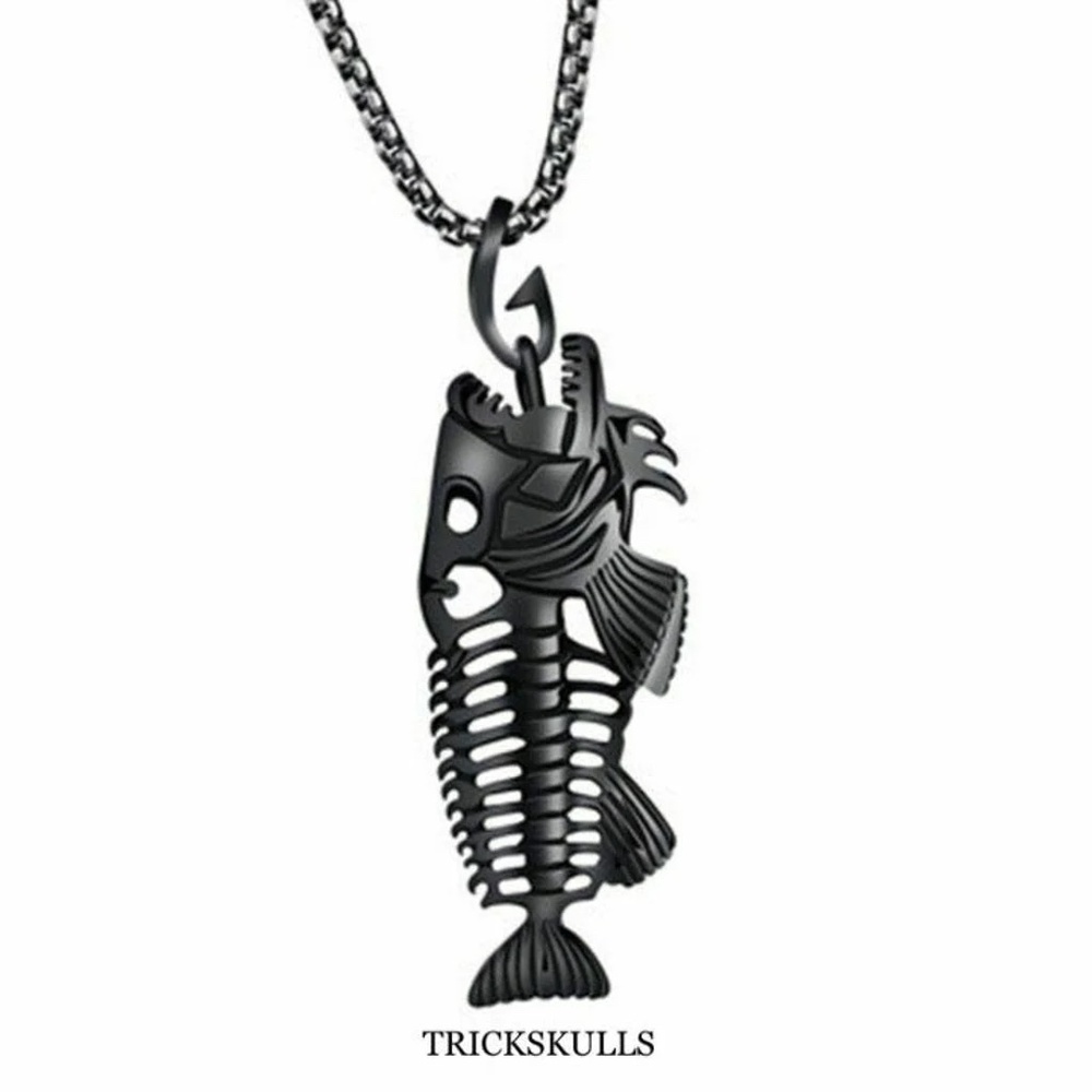 Black Stainless Piranha Fish Skeleton Bones Necklace w 24” Modern Box Chain NEW